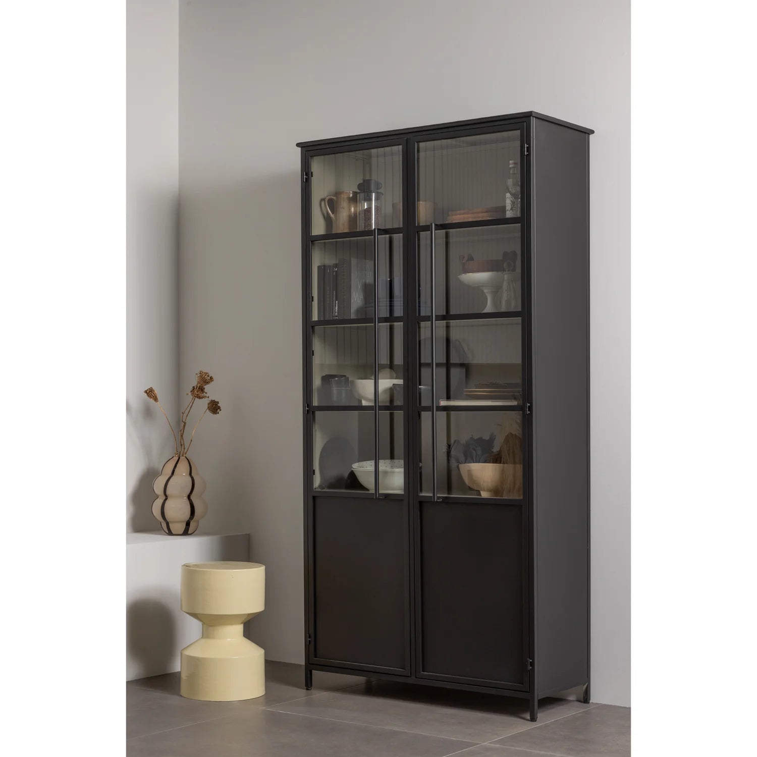 EXHIBIT XL 2-TÜRIG VITRINE GLAS SCHRANK METALL SCHWARZ BEIGE