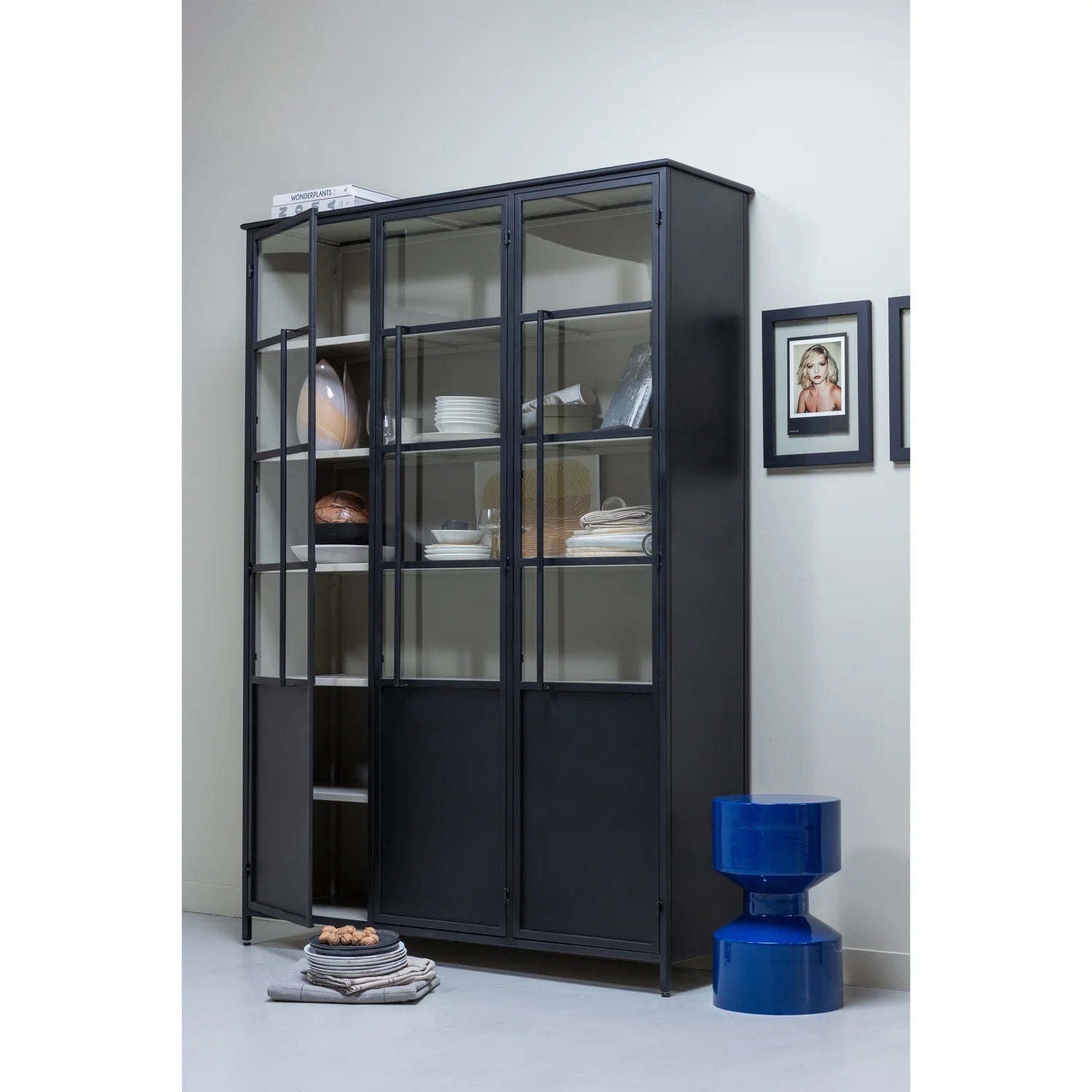 EXHIBIT XL 3-TURIG VITRINE SCHRANK METALL SCHWARZ BEIGE 200x140x40 cm