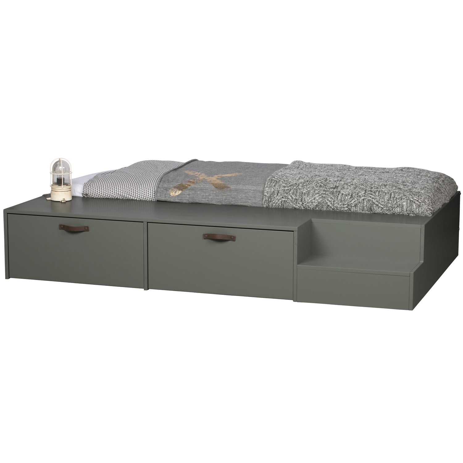 Grünes Massivholzbett STAGE mit Stauraum – 80x200 cm