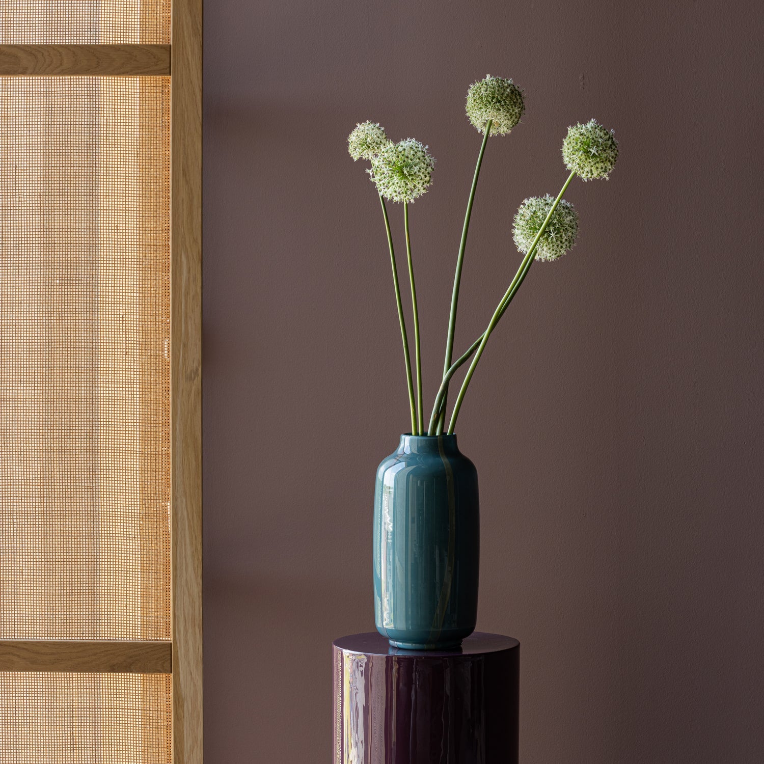 SELENA VASE GLAS PETROL BLAU MIT STREIFEN GRAU