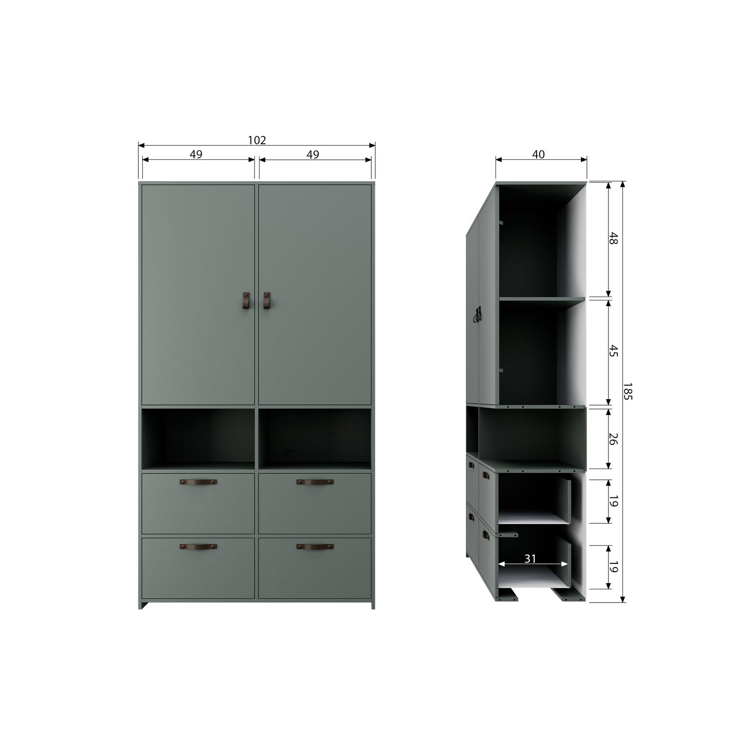Grüner Kleiderschrank STAGE im Industrial-Stil H 185 × B 103 × T 40 cm