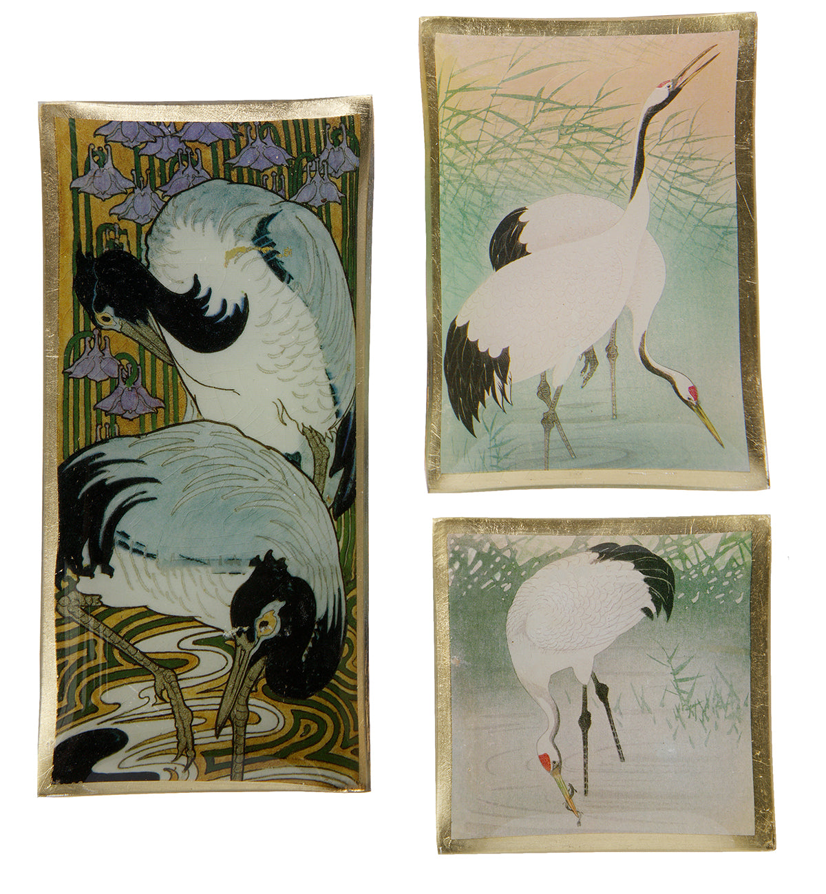 3er Set Glas Teller/Schalen CRANE mit Kranich Illustrationen und Gold