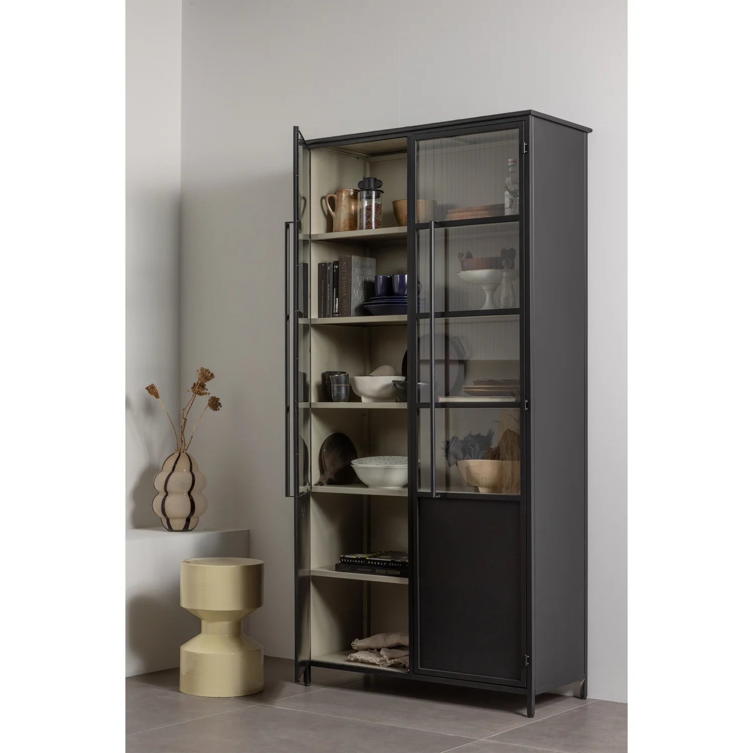 EXHIBIT XL 2-TÜRIG VITRINE GLAS SCHRANK METALL SCHWARZ BEIGE