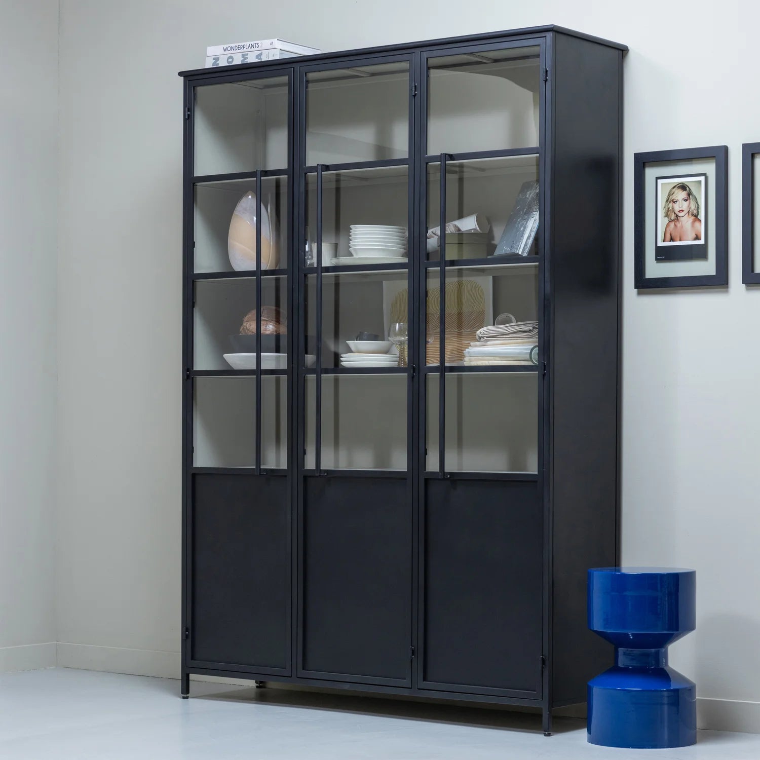 EXHIBIT XL 3-TURIG VITRINE SCHRANK METALL SCHWARZ BEIGE 200x140x40 cm