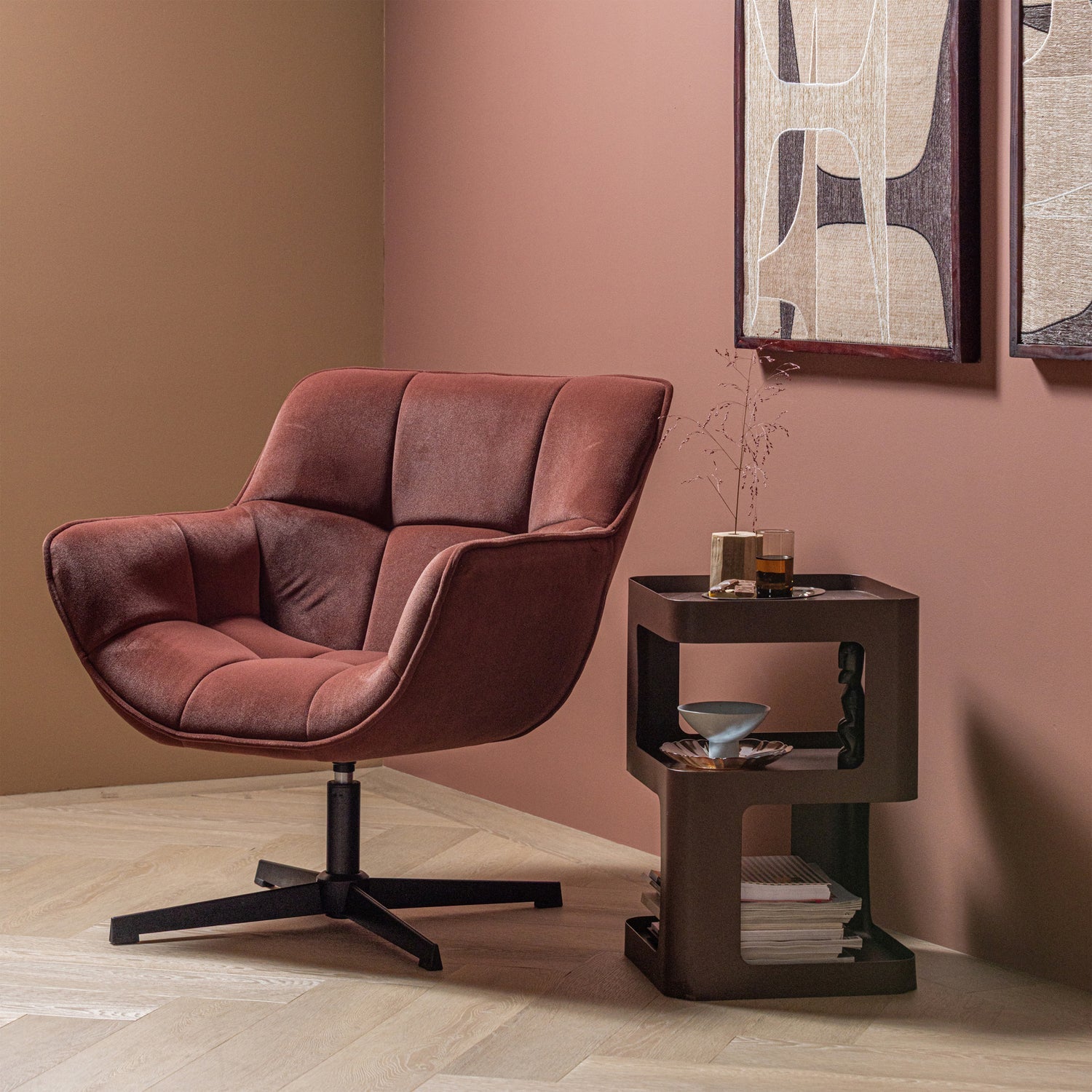 WIBO DREHSESSEL MAT VELVET BRAUN/ROT [fsc]