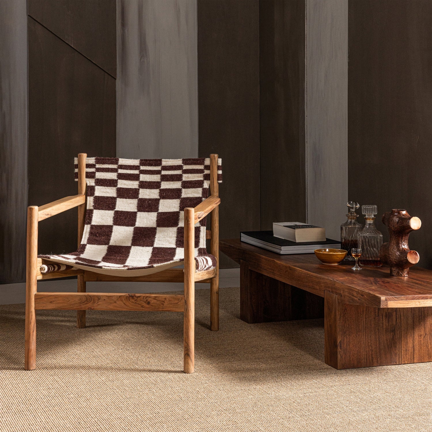ZANO SESSEL HOLZ BRAUN MIT KELIM-SITZFLACHE NATUR