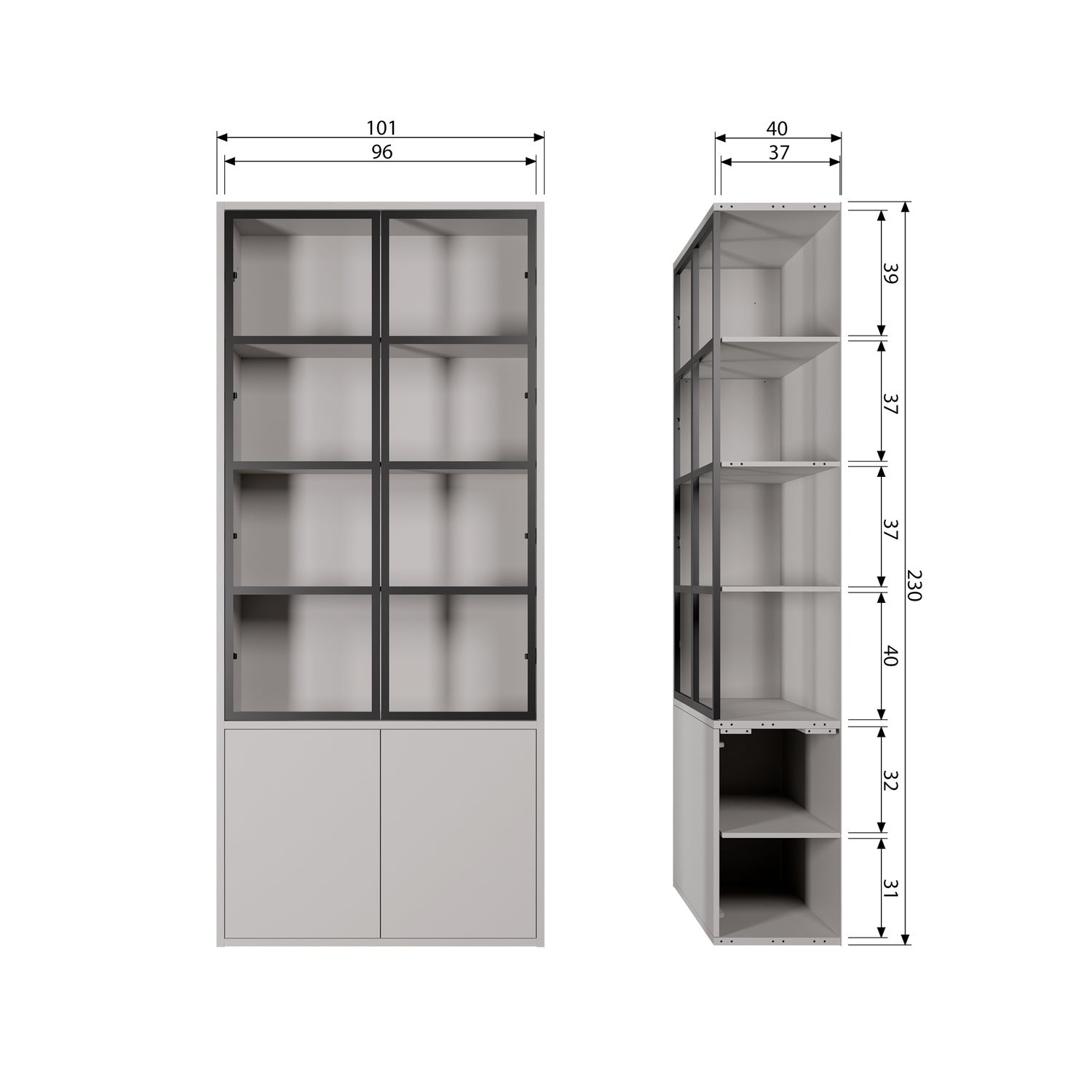 BASIC 4-DRS VITRINE SCHRANK KIEFER NEBEL [fsc]