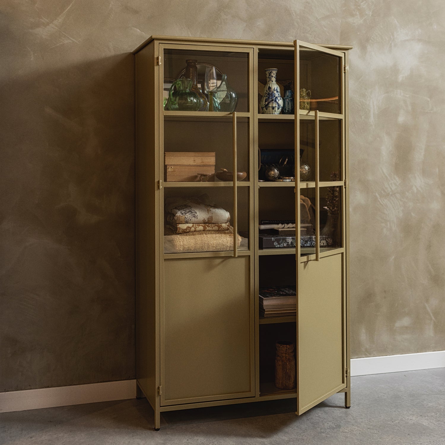 EXHIBIT VITRINE SCHRANK METALL KHAKI