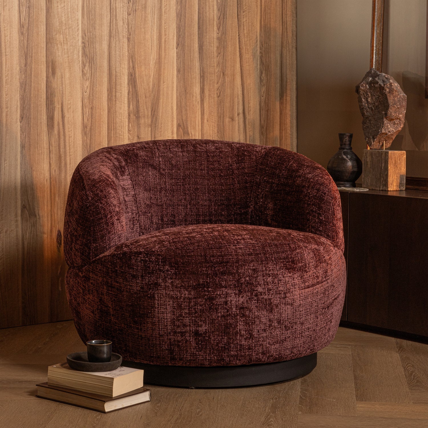 WOOLLY RUNDER DREHSESSEL CHENILLE AUBERGINE