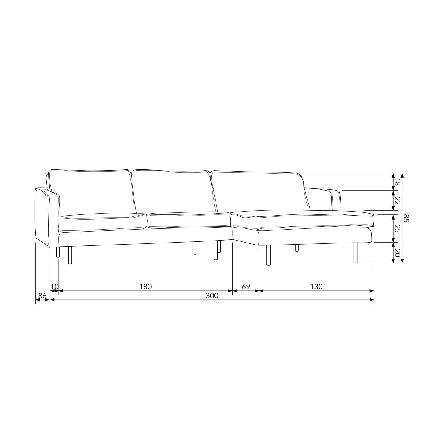 RODEO CHAISE LONGUE RECHTS SCHWARZ